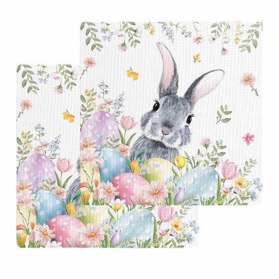 Easter Kitchen Dish Towels for Drying Dishes Set of 2, Spring Rustic Botanical Floral Rabbit Eggs Leaves Waffle Weave Microfiber Hand Tea Bathroom Towels Quick Dry & Absorbent Towel 12x12