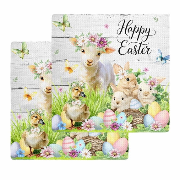 Easter Kitchen Dish Towels for Drying Dishes Set of 2, Spring Sheep Bunny Duck Plants Wooden Grain Waffle Weave Microfiber Hand Tea Bathroom Towels Quick Dry & Absorbent Towel 12x12