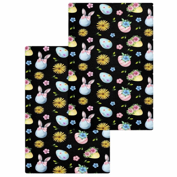 Easter Kitchen Dish Towels for Drying Dishes Set of 2, Spring Watercolor Bunny Eggs Flowers Black Waffle Weave Microfiber Hand Tea Bathroom Towels Quick Dry & Absorbent Towel 15.7x23.6