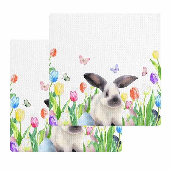 Easter Kitchen Dish Towels for Drying Dishes Set of 2, Spring Watercolor Flowers Bunny Butterfly Eggs Waffle Weave Microfiber Hand Tea Bathroom Towels Quick Dry & Absorbent Towel 12x12