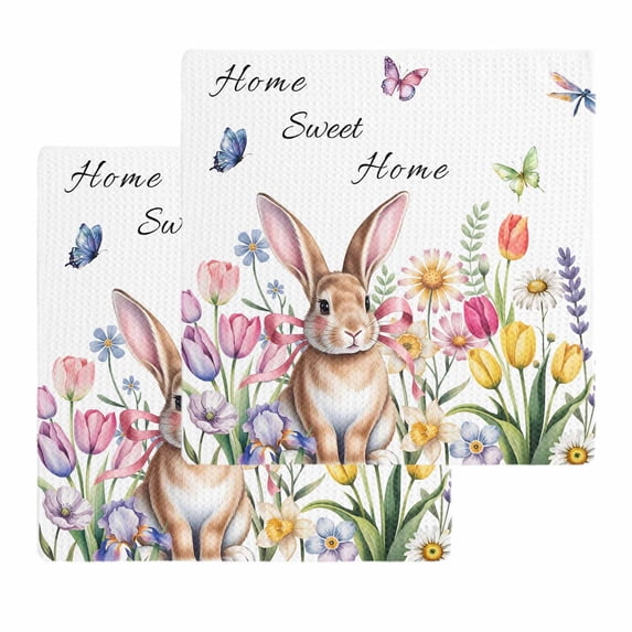 Easter Kitchen Dish Towels for Drying Dishes Set of 2, Spring Watercolor Tulip Butterfly Flower Plant Waffle Weave Microfiber Hand Tea Bathroom Towels Quick Dry & Absorbent Towel 12x12