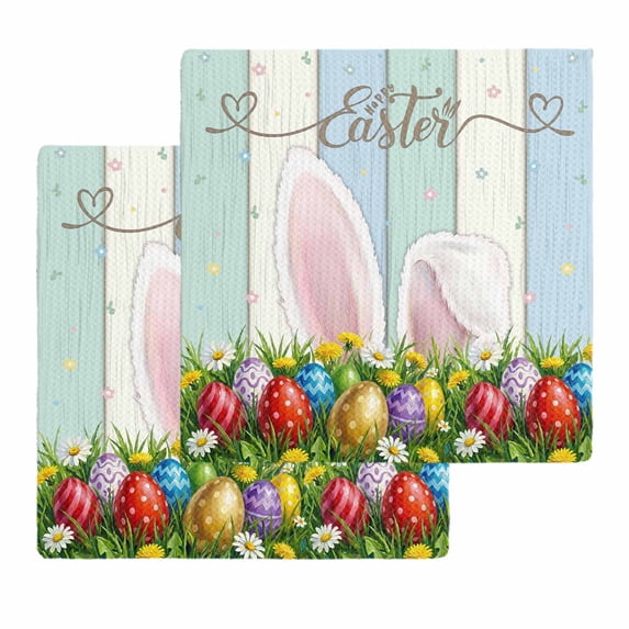 Easter Kitchen Dish Towels for Drying Dishes Set of 2, Wooden Bunny Colorful Eggs Spring Floral Botanical Waffle Weave Microfiber Hand Tea Bathroom Towels Quick Dry & Absorbent Towel 12x12