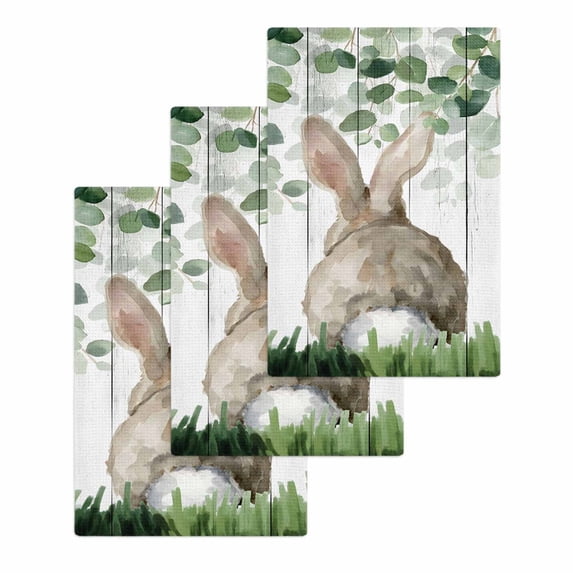 Easter Kitchen Dish Towels for Drying Dishes Set of 3, Country Rabbit Botanical Leaves Wooden Grain Waffle Weave Microfiber Hand Tea Bathroom Towels Quick Dry & Absorbent Towel 15.7x23.6