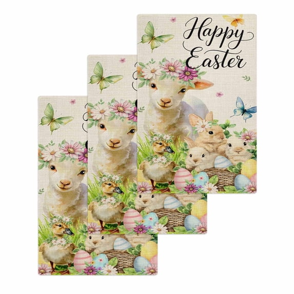 Easter Kitchen Dish Towels for Drying Dishes Set of 3, Farmhouse Flowers Wreath Sheep Rabbits Duck Eggs Waffle Weave Microfiber Hand Tea Bathroom Towels Quick Dry & Absorbent Towel 15.7x23.6