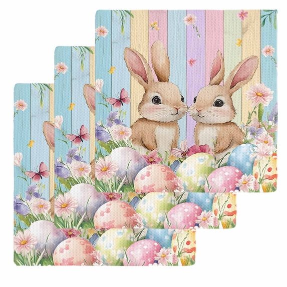 Easter Kitchen Dish Towels for Drying Dishes Set of 3, Spring Bunny Eggs Botanical Floral Wooden Grain Waffle Weave Microfiber Hand Tea Bathroom Towels Quick Dry & Absorbent Towel 12x12