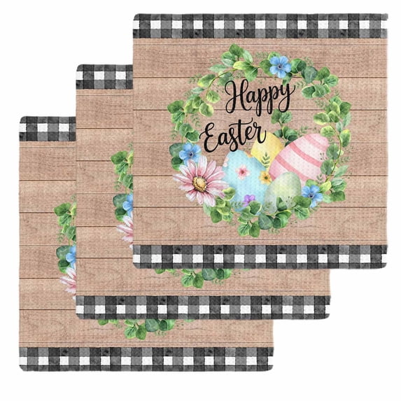 Easter Kitchen Dish Towels for Drying Dishes Set of 3, Spring Colorful Eggs Flower Leaf Wood Grain Plaid Waffle Weave Microfiber Hand Tea Bathroom Towels Quick Dry & Absorbent Towel 12x12