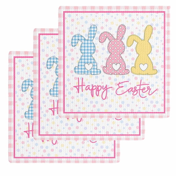 Easter Kitchen Dish Towels for Drying Dishes Set of 3, Spring Polka Dot Bunny Pink Plaid Checkered Waffle Weave Microfiber Hand Tea Bathroom Towels Quick Dry & Absorbent Towel 12x12