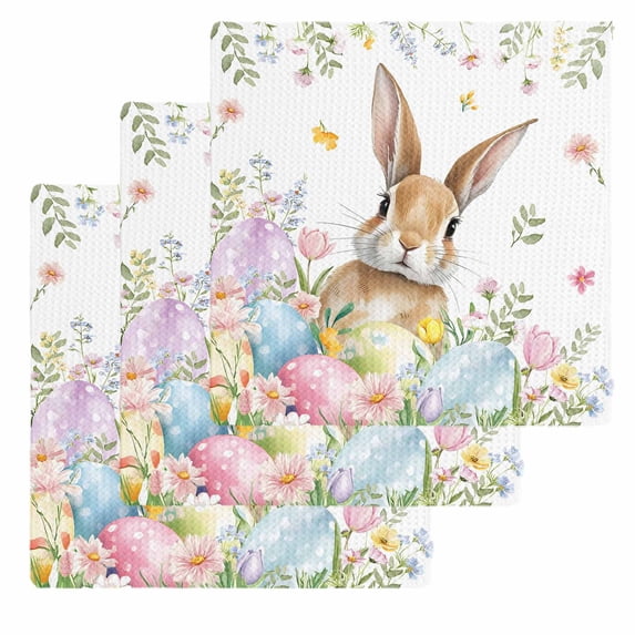 Easter Kitchen Dish Towels for Drying Dishes Set of 3, Spring Rabbit Colorful Eggs Budding Florals Leaf Waffle Weave Microfiber Hand Tea Bathroom Towels Quick Dry & Absorbent Towel 12x12