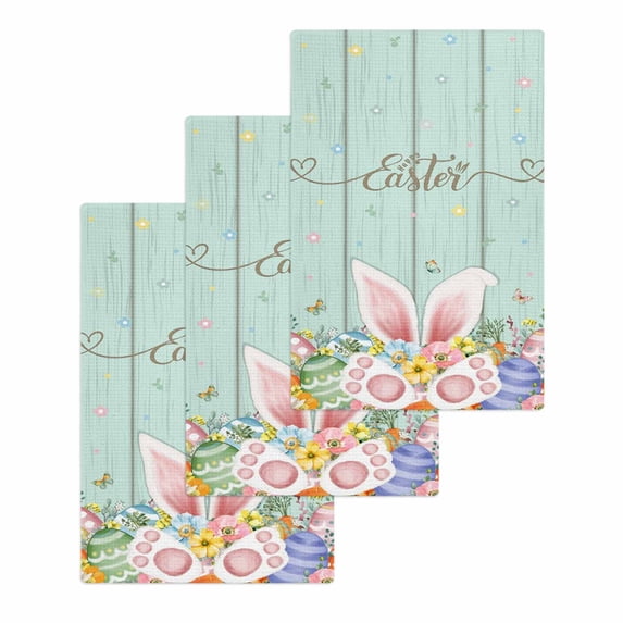Easter Kitchen Dish Towels for Drying Dishes Set of 3, Spring Rabbit Ear Eggs Floral Green Wooden Grain Waffle Weave Microfiber Hand Tea Bathroom Towels Quick Dry & Absorbent Towel 15.7x23.6
