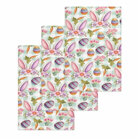 Easter Kitchen Dish Towels for Drying Dishes Set of 3, Spring Rabbit Ears Eggs Carrots Floral Green Plaid Waffle Weave Microfiber Hand Tea Bathroom Towels Quick Dry & Absorbent Towel 15.7x23.6