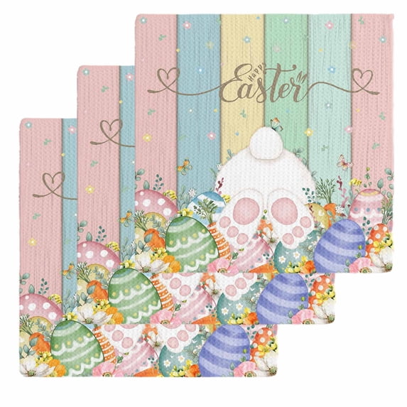 Easter Kitchen Dish Towels for Drying Dishes Set of 3, Spring Rabbit Ears Foot Eggs Floral Wooden Grain Waffle Weave Microfiber Hand Tea Bathroom Towels Quick Dry & Absorbent Towel 12x12