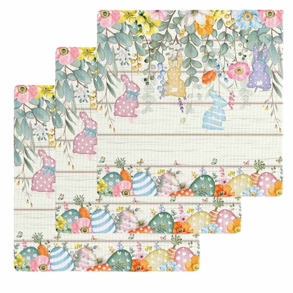 Easter Kitchen Dish Towels for Drying Dishes Set of 3, Spring Rabbit Eggs Eucalyptus Leaves Floral Wood Waffle Weave Microfiber Hand Tea Bathroom Towels Quick Dry & Absorbent Towel 12x12