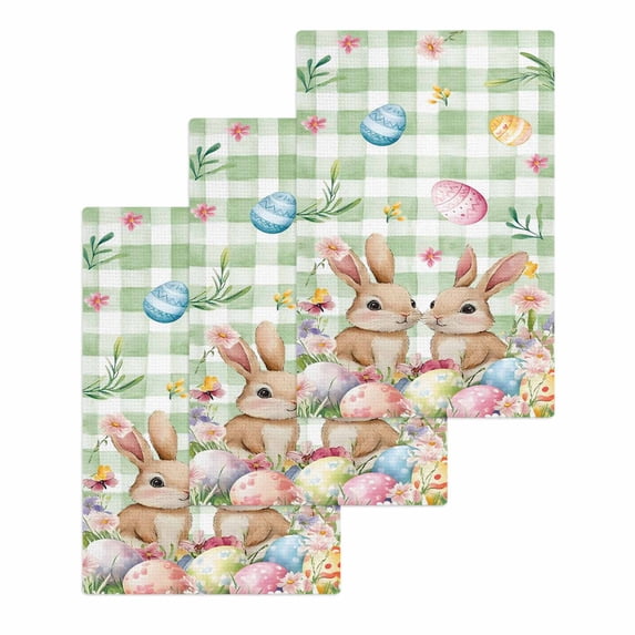 Easter Kitchen Dish Towels for Drying Dishes Set of 3, Spring Rabbit Eggs Flower Butterfly Green Plaid Waffle Weave Microfiber Hand Tea Bathroom Towels Quick Dry & Absorbent Towel 15.7x23.6