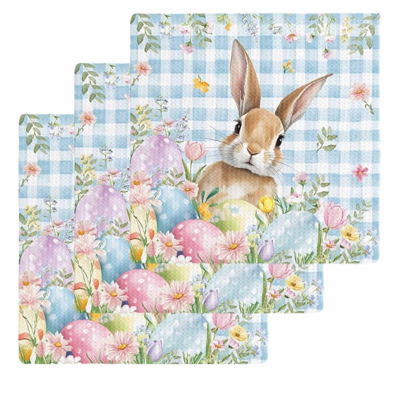 Easter Kitchen Dish Towels for Drying Dishes Set of 3, Spring Rabbit Eggs Seasonal Flowers Blue Lattice Waffle Weave Microfiber Hand Tea Bathroom Towels Quick Dry & Absorbent Towel 12x12