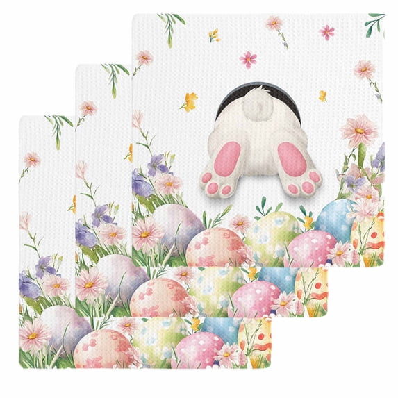 Easter Kitchen Dish Towels for Drying Dishes Set of 3, Spring Rabbit Feet Eggs Botanical Blooms Flowers Waffle Weave Microfiber Hand Tea Bathroom Towels Quick Dry & Absorbent Towel 12x12