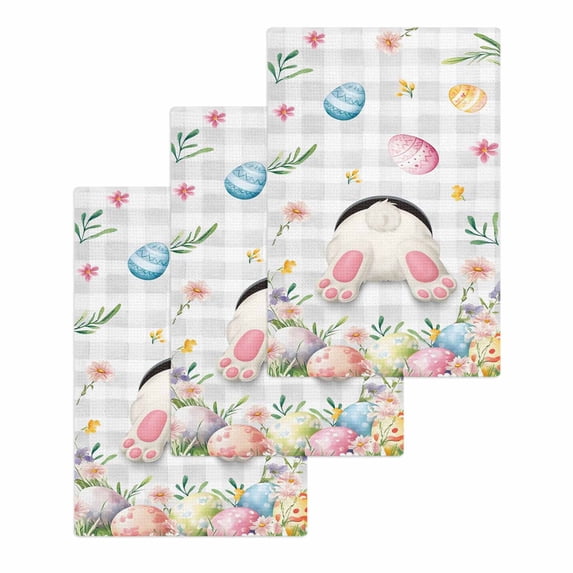 Easter Kitchen Dish Towels for Drying Dishes Set of 3, Spring Rabbit Feet Eggs Botanical Floral Grey Plaid Waffle Weave Microfiber Hand Tea Bathroom Towels Quick Dry & Absorbent Towel 15.7x23.6