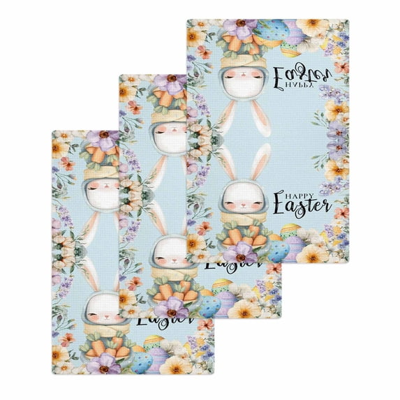 Easter Kitchen Dish Towels for Drying Dishes Set of 3, Spring Watercolor Bunny Carrots Eggs Flowers Blue Waffle Weave Microfiber Hand Tea Bathroom Towels Quick Dry & Absorbent Towel 15.7x23.6