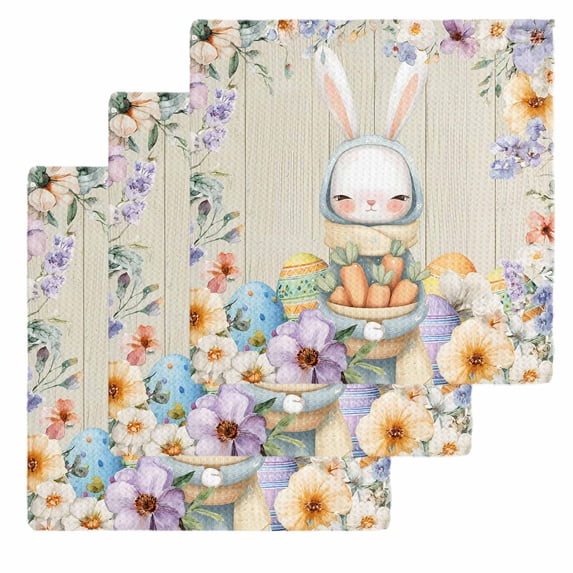 Easter Kitchen Dish Towels for Drying Dishes Set of 3, Spring Watercolor Bunny Eggs Flowers Wood Grain Waffle Weave Microfiber Hand Tea Bathroom Towels Quick Dry & Absorbent Towel 12x12