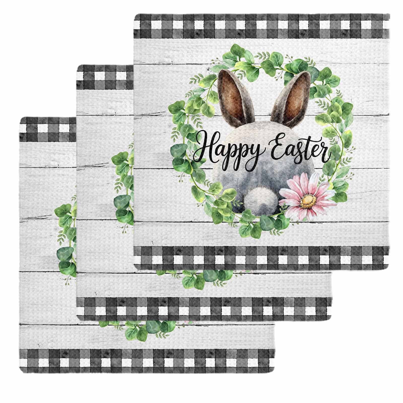 Easter Kitchen Dish Towels for Drying Dishes Set of 3, Spring Watercolor Bunny Flower Leaf Grey Wood Grain Waffle Weave Microfiber Hand Tea Bathroom Towels Quick Dry & Absorbent Towel 12x12