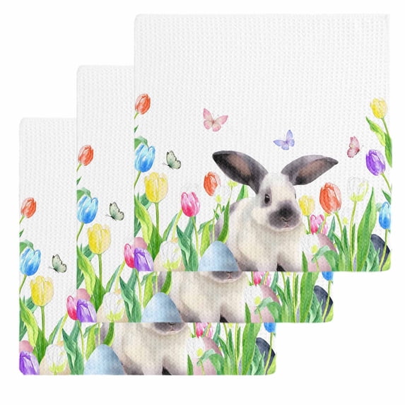 Easter Kitchen Dish Towels for Drying Dishes Set of 3, Spring Watercolor Flowers Bunny Butterfly Eggs Waffle Weave Microfiber Hand Tea Bathroom Towels Quick Dry & Absorbent Towel 12x12