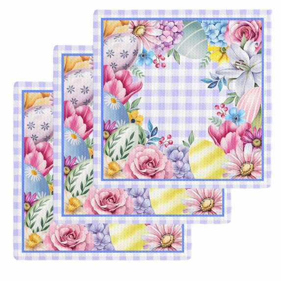 Easter Kitchen Dish Towels for Drying Dishes Set of 3, Watercolor Eggs Flowers Berry Plants Purple Plaid Waffle Weave Microfiber Hand Tea Bathroom Towels Quick Dry & Absorbent Towel 12x12