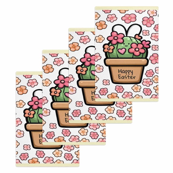 Easter Kitchen Dish Towels for Drying Dishes Set of 4, Bunny Ears Spring Pink Flowers Potted Plant Country Waffle Weave Microfiber Hand Tea Bathroom Towels Quick Dry & Absorbent Towel 15.7x23.6