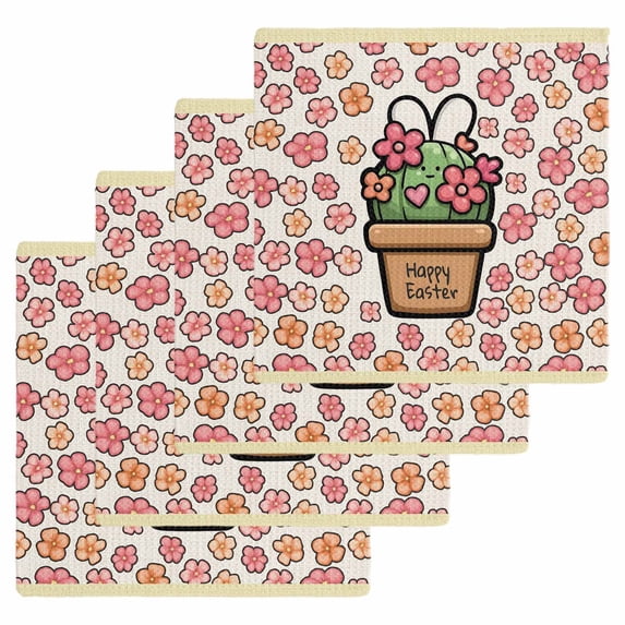 Easter Kitchen Dish Towels for Drying Dishes Set of 4, Bunny Ears Spring Pink Flowers Potted Plant Rustic Waffle Weave Microfiber Hand Tea Bathroom Towels Quick Dry & Absorbent Towel 12x12