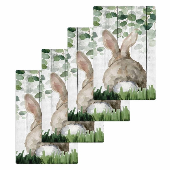 Easter Kitchen Dish Towels for Drying Dishes Set of 4, Country Rabbit Botanical Leaves Wooden Grain Waffle Weave Microfiber Hand Tea Bathroom Towels Quick Dry & Absorbent Towel 15.7x23.6