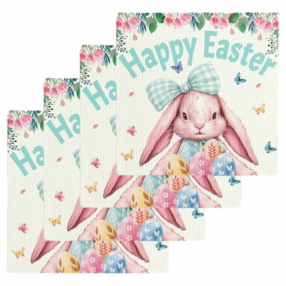 Easter Kitchen Dish Towels for Drying Dishes Set of 4, Cute Rabbits Eggs Flowers Leaf Butterflies Watercolor Waffle Weave Microfiber Hand Tea Bathroom Towels Quick Dry & Absorbent Towel 12x12