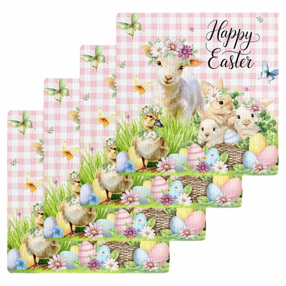 Easter Kitchen Dish Towels for Drying Dishes Set of 4, Rabbit Sheep Eggs Butterfly Flowers Pink Grid Waffle Weave Microfiber Hand Tea Bathroom Towels Quick Dry & Absorbent Towel 12x12