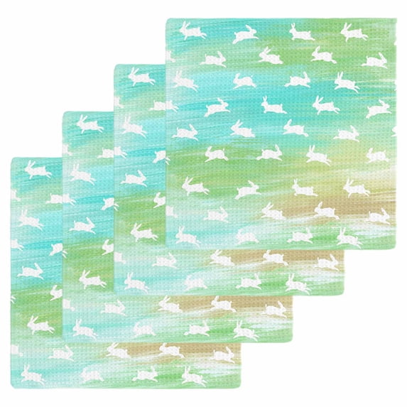 Easter Kitchen Dish Towels for Drying Dishes Set of 4, Spring Bunny Silhouette Blue Green Gradient Waffle Weave Microfiber Hand Tea Bathroom Towels Quick Dry & Absorbent Towel 12x12