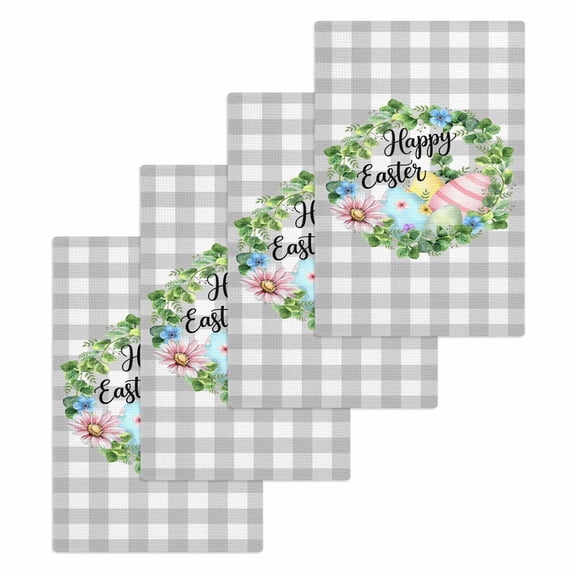 Easter Kitchen Dish Towels for Drying Dishes Set of 4, Spring Colorful Eggs Flower Leaf Grey Plaid Checkered Waffle Weave Microfiber Hand Tea Bathroom Towels Quick Dry & Absorbent Towel 15.7x23.6