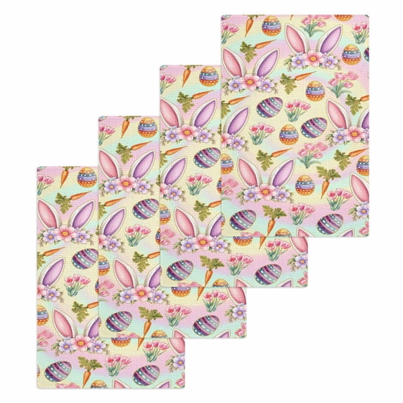 Easter Kitchen Dish Towels for Drying Dishes Set of 4, Spring Colorful Rabbit Ears Eggs Flowers Carrots Waffle Weave Microfiber Hand Tea Bathroom Towels Quick Dry & Absorbent Towel 15.7x23.6