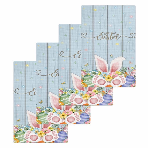 Easter Kitchen Dish Towels for Drying Dishes Set of 4, Spring Eggs Rabbit Ear Flowers Wooden Grain Waffle Weave Microfiber Hand Tea Bathroom Towels Quick Dry & Absorbent Towel 15.7x23.6
