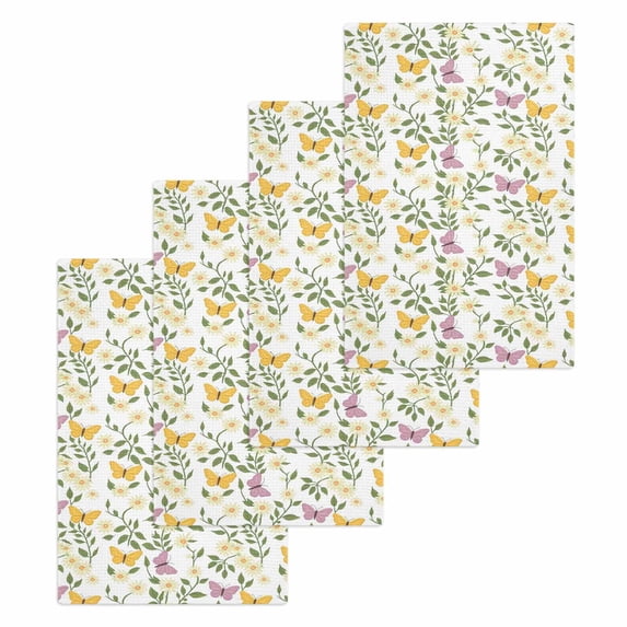 Easter Kitchen Dish Towels for Drying Dishes Set of 4, Spring Floral Daisy Flowers Butterflies Watercolor Waffle Weave Microfiber Hand Tea Bathroom Towels Quick Dry & Absorbent Towel 15.7x23.6