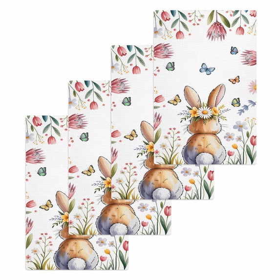 Easter Kitchen Dish Towels for Drying Dishes Set of 4, Spring Flowers Wreath Rabbit Budding Florals Waffle Weave Microfiber Hand Tea Bathroom Towels Quick Dry & Absorbent Towel 15.7x23.6