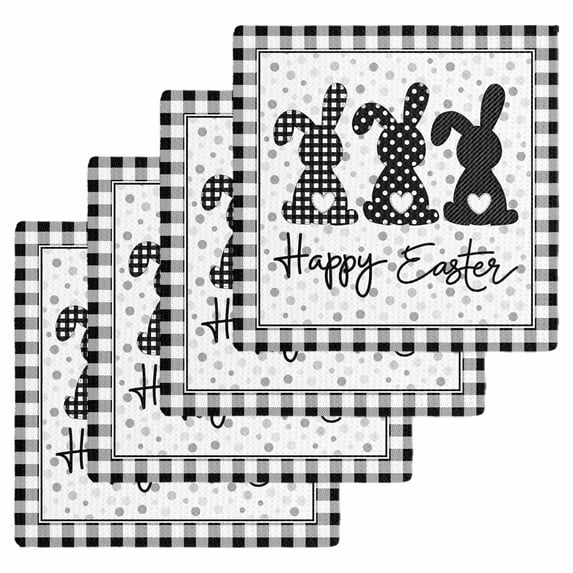 Easter Kitchen Dish Towels for Drying Dishes Set of 4, Spring Polka Dot Bunny Black Plaid Checkered Waffle Weave Microfiber Hand Tea Bathroom Towels Quick Dry & Absorbent Towel 12x12