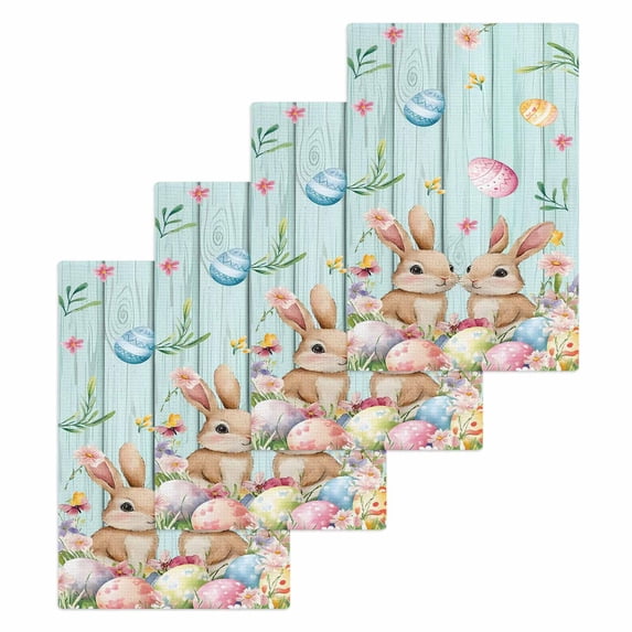 Easter Kitchen Dish Towels for Drying Dishes Set of 4, Spring Rabbit Colorful Eggs Flowers Wooden Grain Waffle Weave Microfiber Hand Tea Bathroom Towels Quick Dry & Absorbent Towel 15.7x23.6
