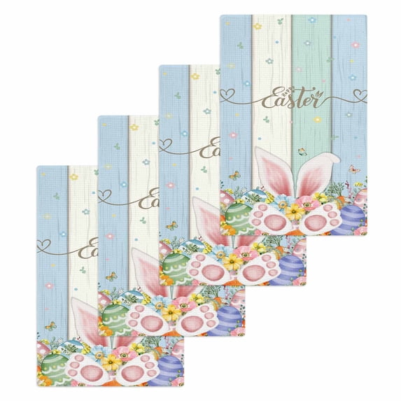 Easter Kitchen Dish Towels for Drying Dishes Set of 4, Spring Rabbit Ear Eggs Floral Butterfly Wooden Waffle Weave Microfiber Hand Tea Bathroom Towels Quick Dry & Absorbent Towel 15.7x23.6