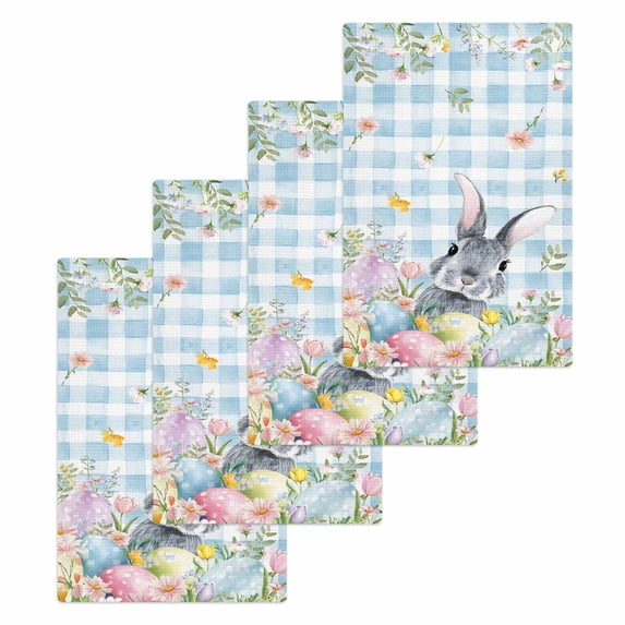 Easter Kitchen Dish Towels for Drying Dishes Set of 4, Spring Rabbit Eggs Flowers Herbs Blue Plaid Waffle Weave Microfiber Hand Tea Bathroom Towels Quick Dry & Absorbent Towel 15.7x23.6