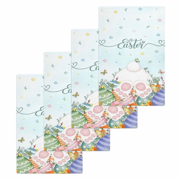 Easter Kitchen Dish Towels for Drying Dishes Set of 4, Spring Rabbit Feet Eggs Botanical Flowers Butterfly Waffle Weave Microfiber Hand Tea Bathroom Towels Quick Dry & Absorbent Towel 15.7x23.6