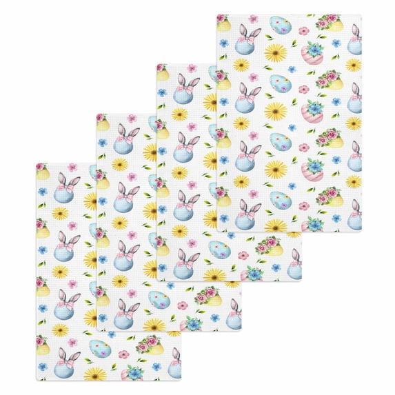 Easter Kitchen Dish Towels for Drying Dishes Set of 4, Spring Watercolor Bunny Eggs Daisy Flowers Waffle Weave Microfiber Hand Tea Bathroom Towels Quick Dry & Absorbent Towel 15.7x23.6