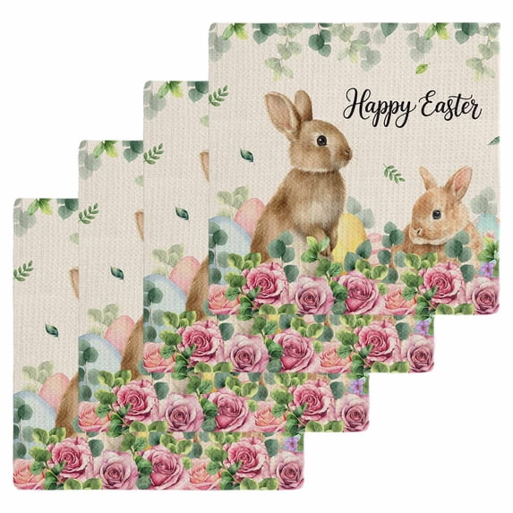 Easter Kitchen Dish Towels for Drying Dishes Set of 4, Spring Watercolor Bunny Eggs Flower Leaf Beige Waffle Weave Microfiber Hand Tea Bathroom Towels Quick Dry & Absorbent Towel 12x12