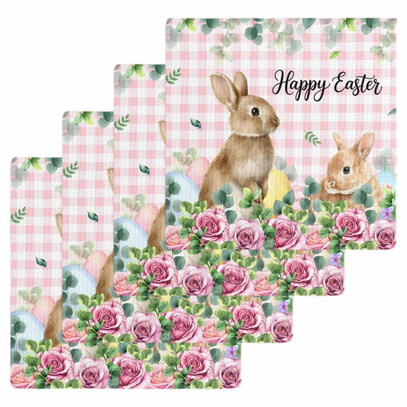 Easter Kitchen Dish Towels for Drying Dishes Set of 4, Spring Watercolor Bunny Eggs Flower Leaf Pink Plaid Waffle Weave Microfiber Hand Tea Bathroom Towels Quick Dry & Absorbent Towel 12x12