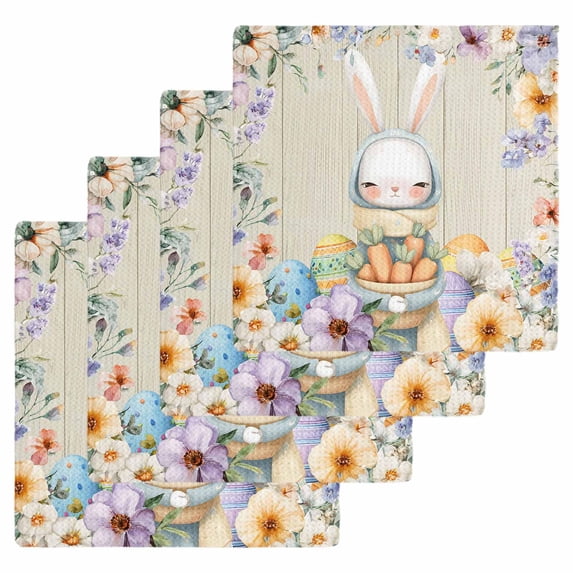 Easter Kitchen Dish Towels for Drying Dishes Set of 4, Spring Watercolor Bunny Eggs Flowers Wood Grain Waffle Weave Microfiber Hand Tea Bathroom Towels Quick Dry & Absorbent Towel 12x12