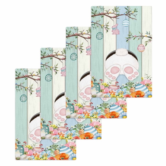 Easter Kitchen Dish Towels for Drying Dishes Set of 4, Spring Watercolor Bunny Eggs Wood Grain Teal Blue Waffle Weave Microfiber Hand Tea Bathroom Towels Quick Dry & Absorbent Towel 15.7x23.6