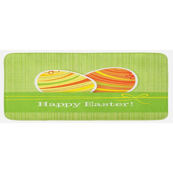 Easter Kitchen Mat, Colorful Eggs with Stripes on a Green Checkered Squares Background Banner, Plush Decorative Kitchen Mat with Non Slip Backing, 47" X 19", Multicolor, by Ambesonne