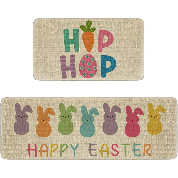 Easter Kitchen Rug and Mat Set of 2, Happy Easter Bunny Kitchen Decor, Non-Slip Washable Floor Mat, Spring Easter Home Decor Kitchen Sink Front Rug, 17x30+17x47 Inch