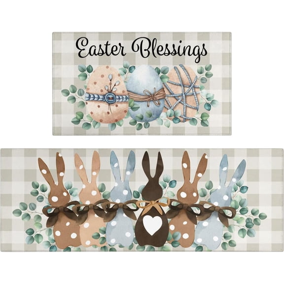 Easter Kitchen Rugs and Mats Set of 2,Spring Easter Bunny Eggs Kitchen Mat,Easter Blessings Rabbit Non Slip Washable Kitchen Floor Sink Mats Decorations for Home Kitchen 17"x47"+17"x30"