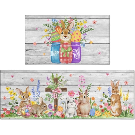 Easter Kitchen Rugs Set of 2, Gray Wood Grain Bunny Floral Kitchen Mat, Bunny Kitchen Decor Non-Slip Washable Floor Mat,Suitable for Easter Kitchen Sink Laundry Room,17x30+17x47 Inch